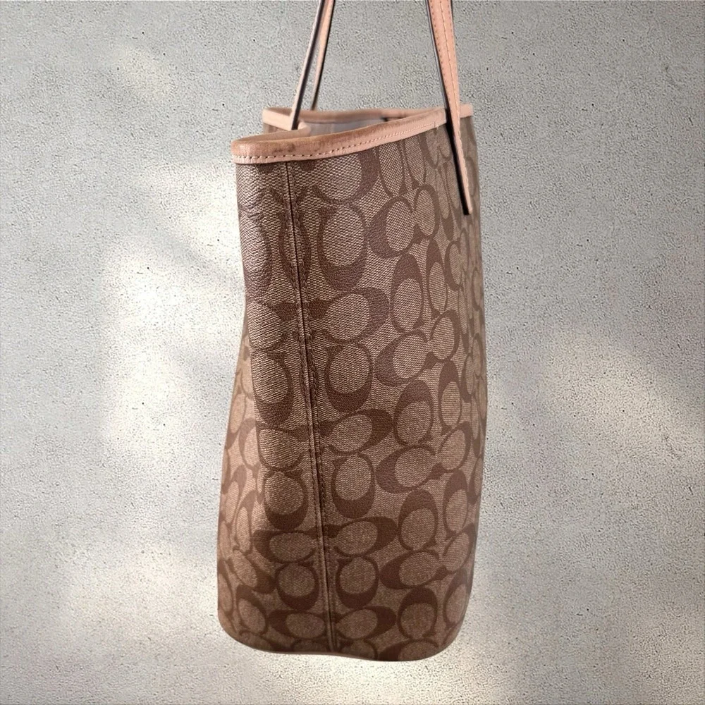 Coach City Tote Bag Logo Tan Coated Canvas Beige Brown Leather F27393